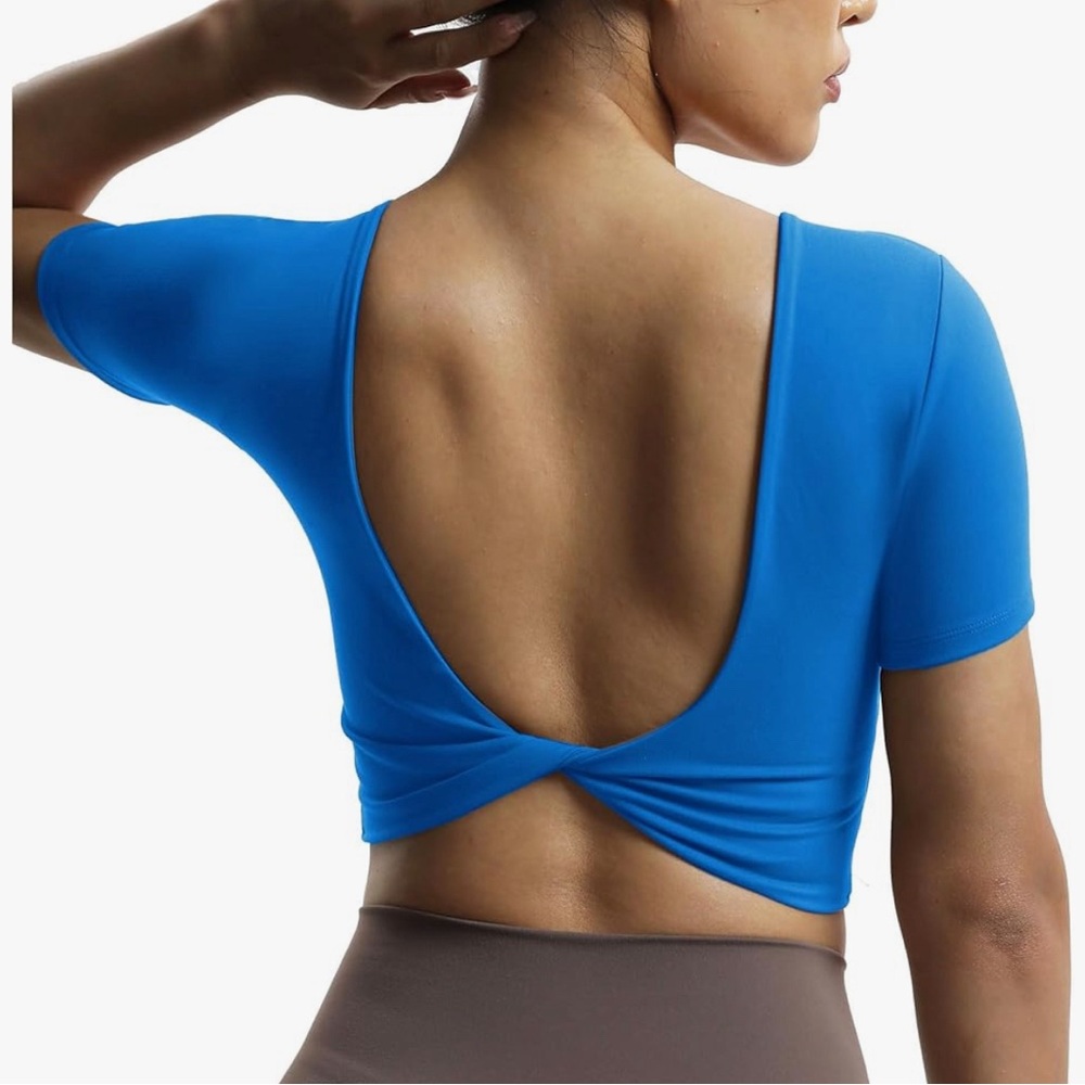 Blue scoop neck crop top with twist back
